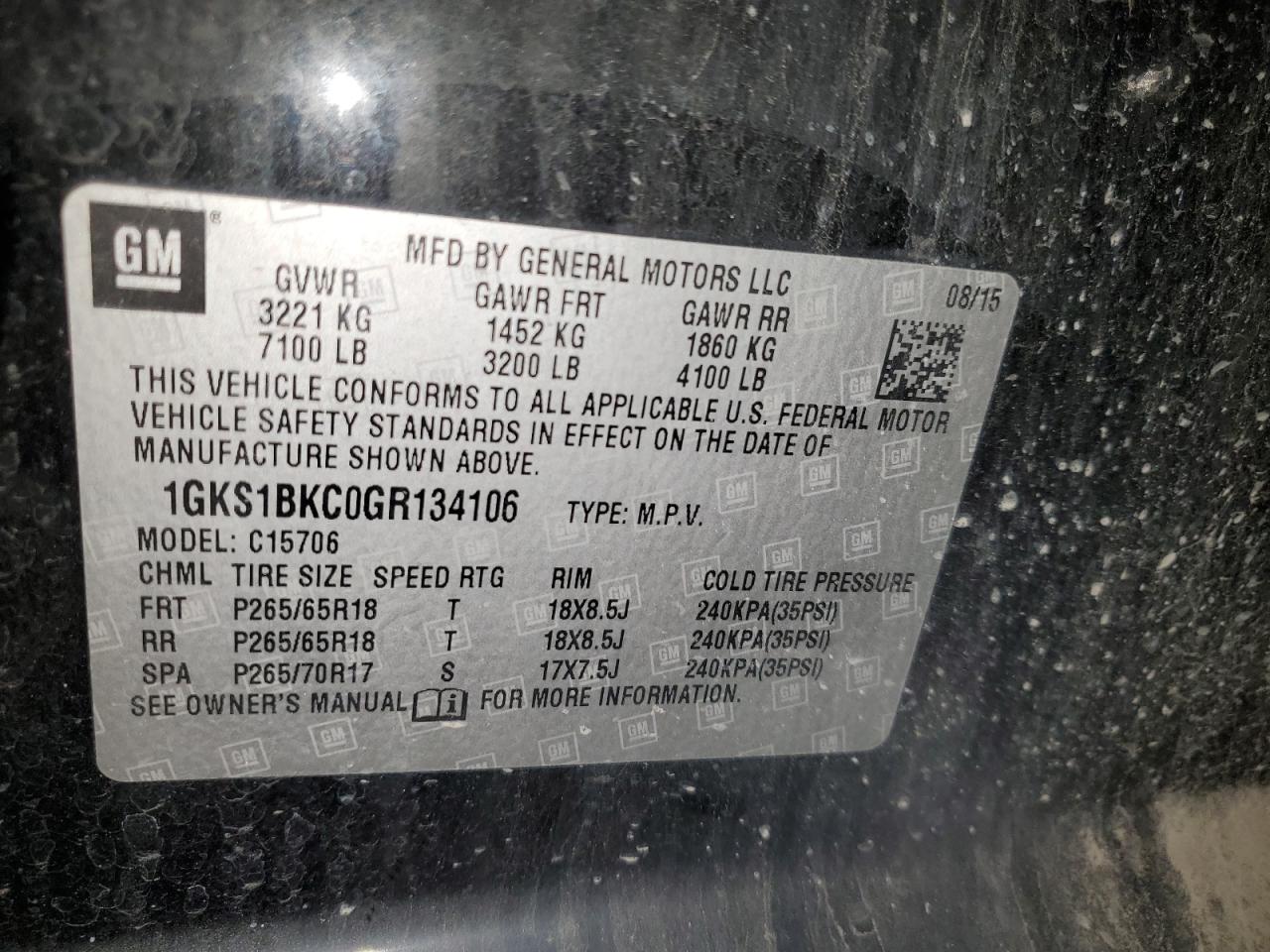 2016 GMC Yukon Slt VIN: 1GKS1BKC0GR134106 Lot: 90537425