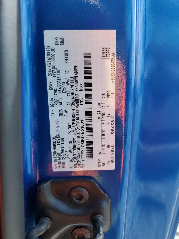 2016 Ford F150 Super Cab VIN: 1FTEX1C89GFB51001 Lot: 85181785