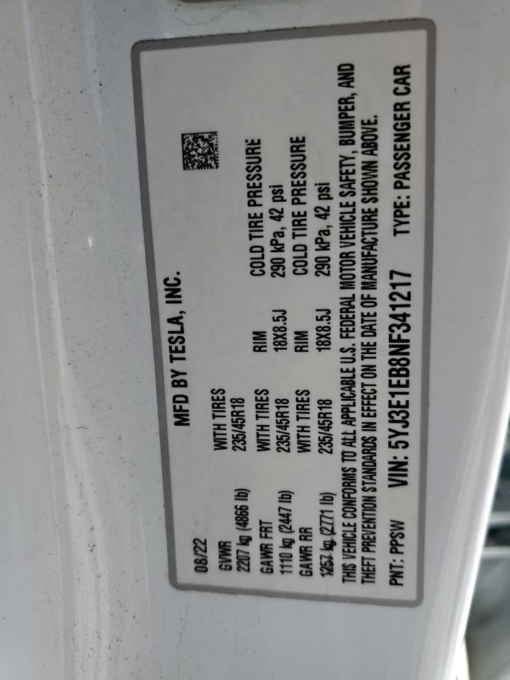 2022 Tesla Model 3 VIN: 5YJ3E1EB8NF341217 Lot: 85102215