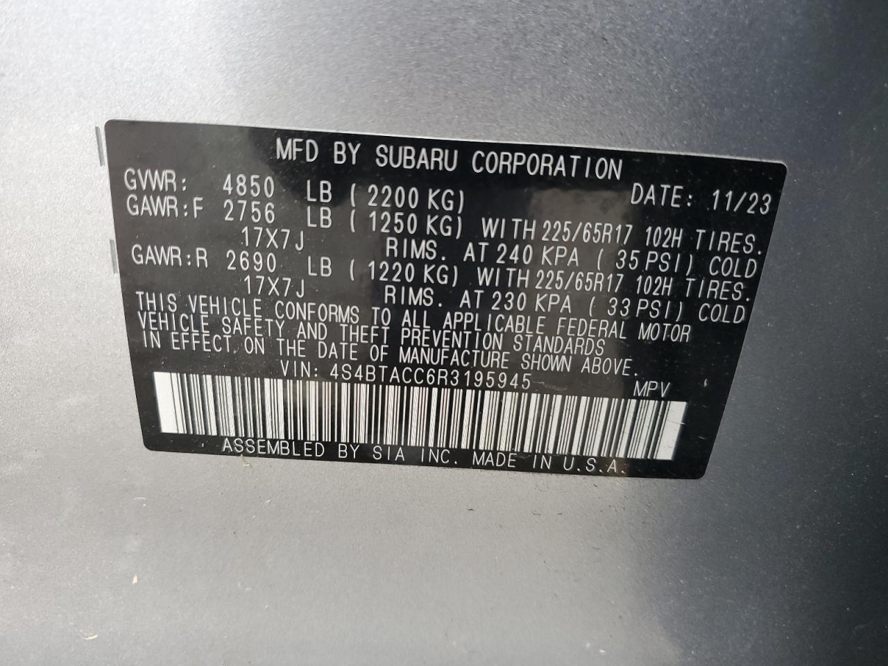 2024 Subaru Outback Premium VIN: 4S4BTACC6R3195945 Lot: 82296165