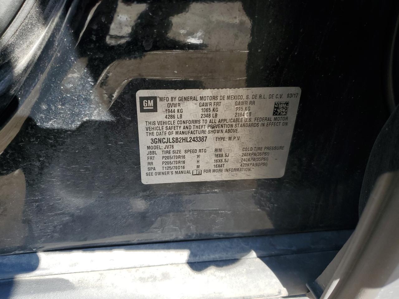 2017 Chevrolet Trax 1Lt VIN: 3GNCJLSB2HL243387 Lot: 82361515