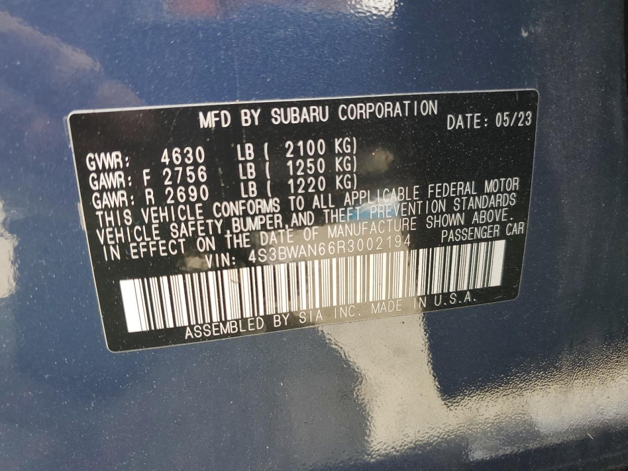 2024 Subaru Legacy Limited VIN: 4S3BWAN66R3002194 Lot: 85248305