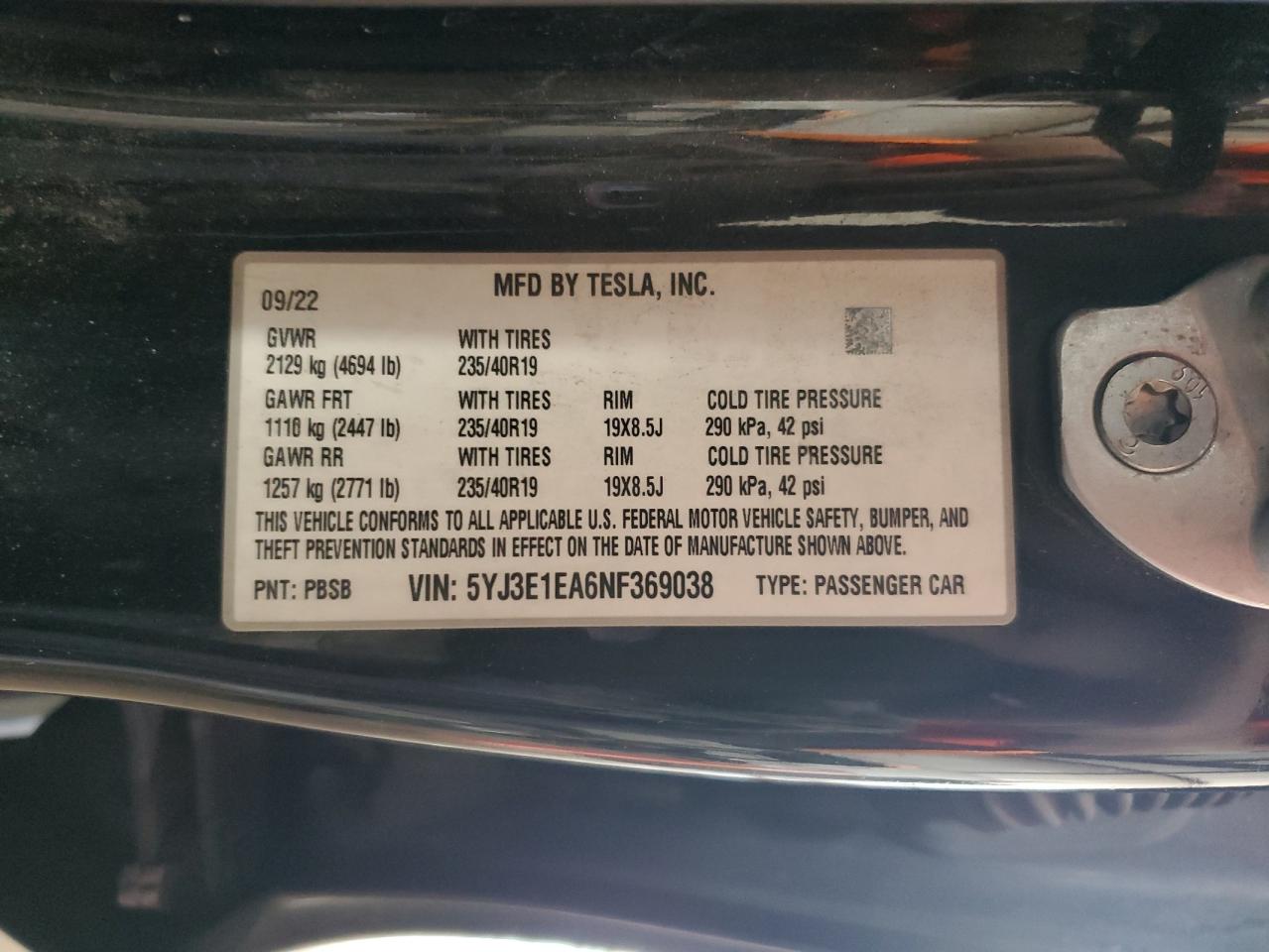 2022 Tesla Model 3 VIN: 5YJ3E1EA6NF369038 Lot: 85125125