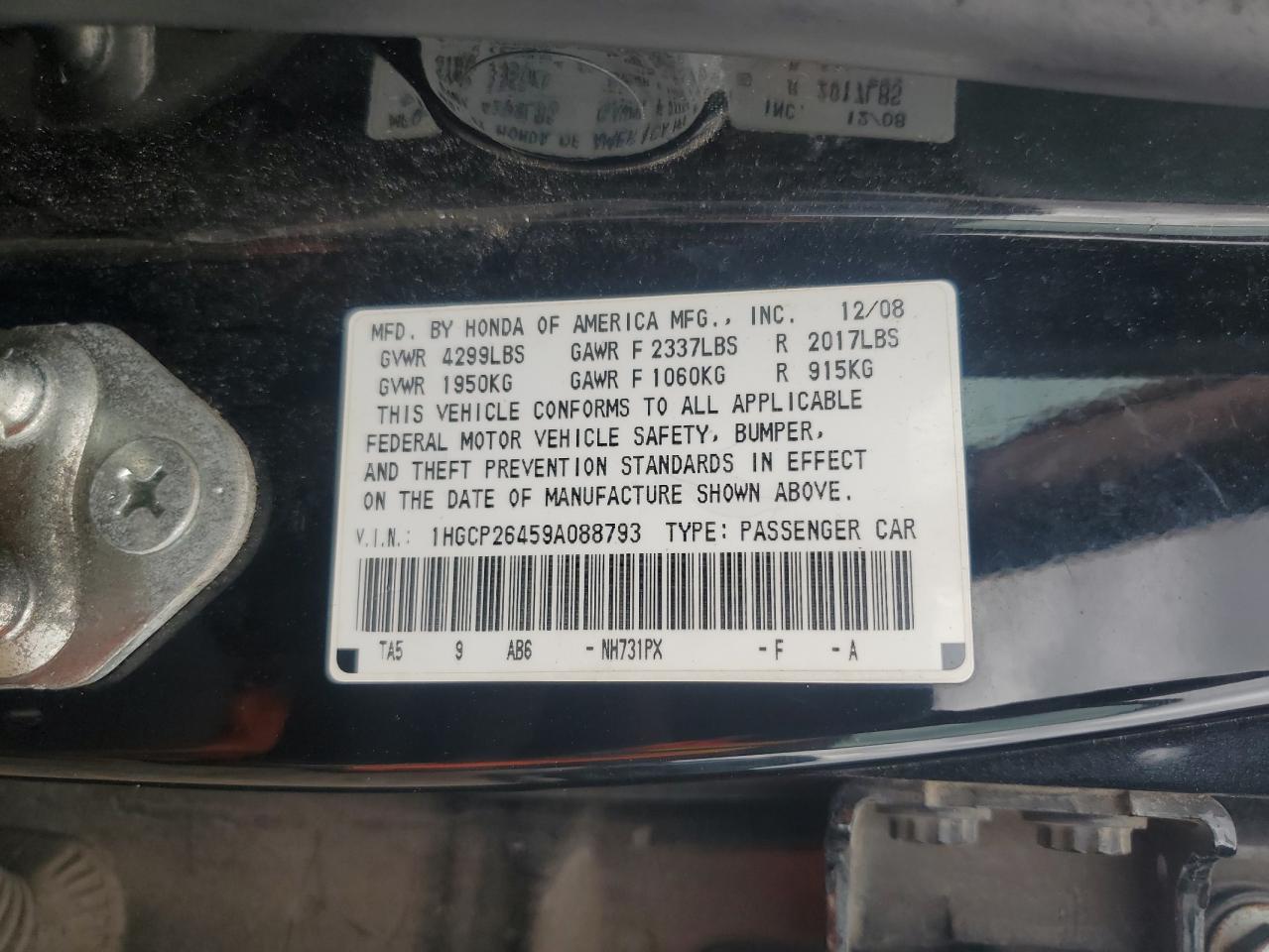 2009 Honda Accord Lxp VIN: 1HGCP26459A088793 Lot: 85276405