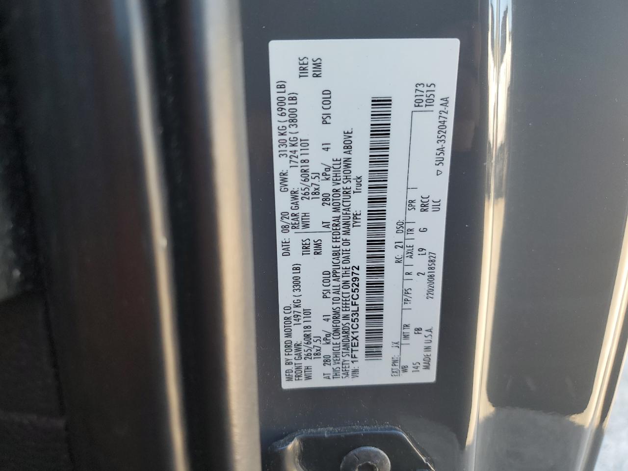 2020 Ford F150 Super Cab VIN: 1FTEX1C53LFC52972 Lot: 86864715