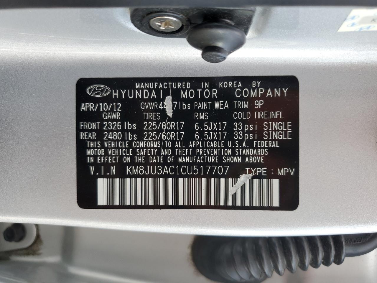 2012 Hyundai Tucson Gls VIN: KM8JU3AC1CU517707 Lot: 85692275