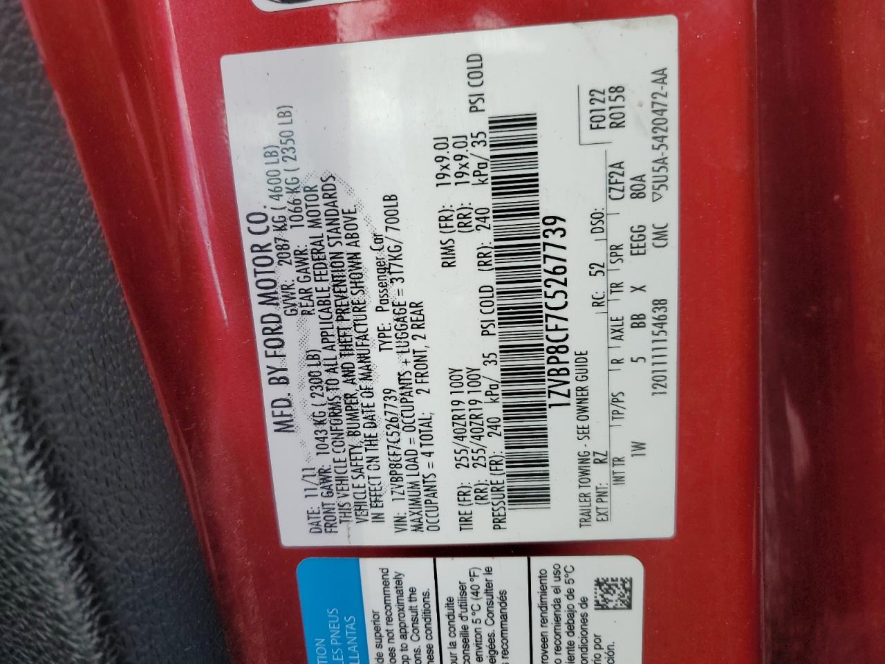 2012 Ford Mustang Gt VIN: 1ZVBP8CF7C5267739 Lot: 90478305