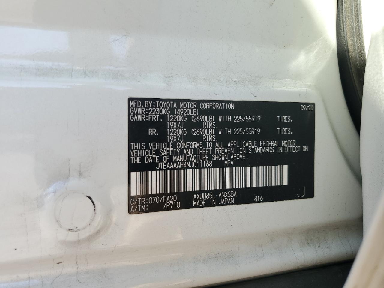 2021 Toyota Venza Le VIN: JTEAAAAH4MJ011168 Lot: 85487635