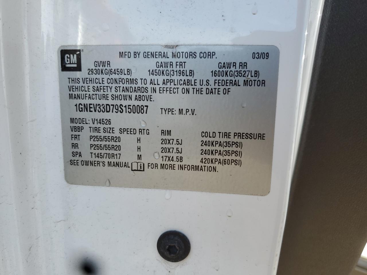 2009 Chevrolet Traverse Ltz VIN: 1GNEV33D79S150087 Lot: 84212265