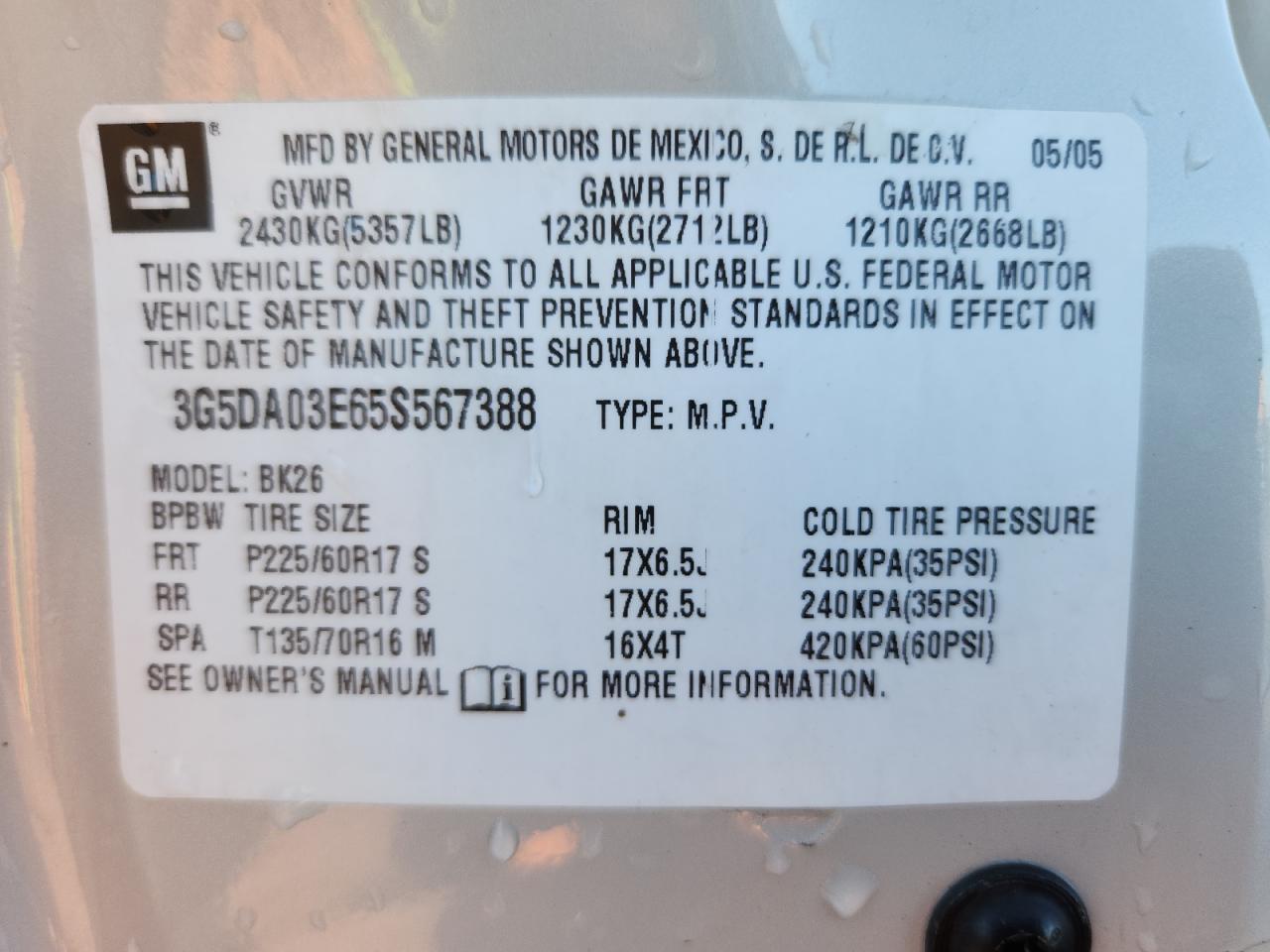 2005 Buick Rendezvous Cx VIN: 3G5DA03E65S567388 Lot: 89639835