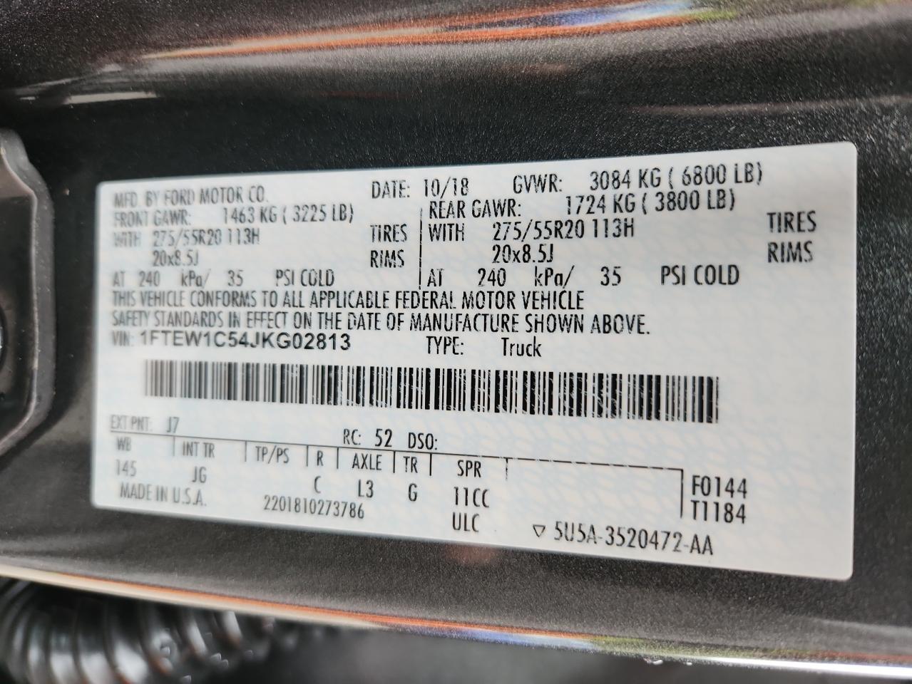 2018 Ford F150 Supercrew VIN: 1FTEW1C54JKG02813 Lot: 90228565