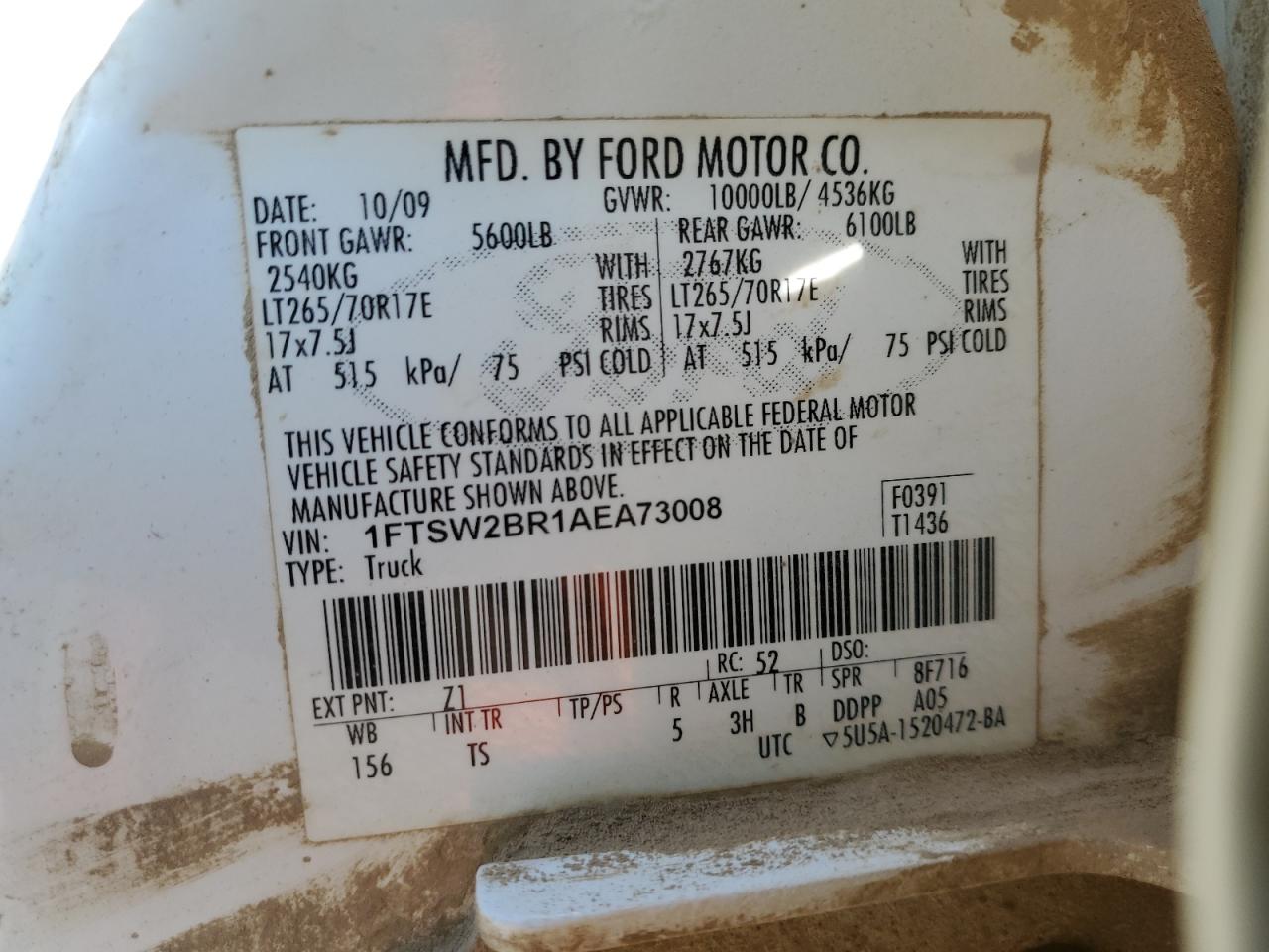 2010 Ford F250 Super Duty VIN: 1FTSW2BR1AEA73008 Lot: 86674705