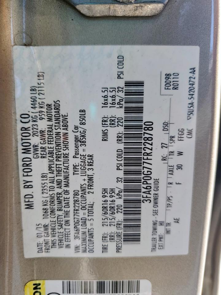 2015 Ford Fusion S VIN: 3FA6P0G77FR228780 Lot: 84291795