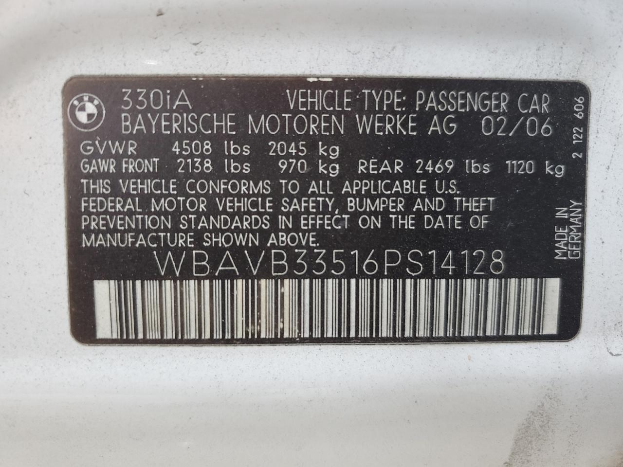 2006 BMW 330 I VIN: WBAVB33516PS14128 Lot: 82247535