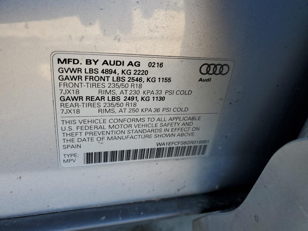 2016 Audi Q3 Premium Plus VIN: WA1EFCFS6GR016881 Lot: 82476515