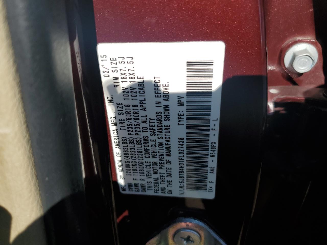 2015 Acura Rdx VIN: 5J8TB4H31FL027438 Lot: 84955395