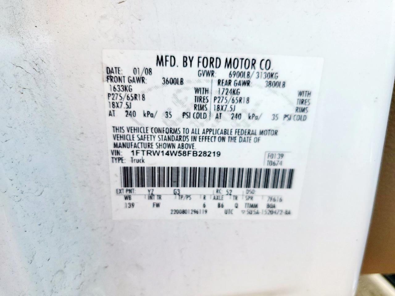 2008 Ford F150 Supercrew VIN: 1FTRW14W58FB28219 Lot: 81858255