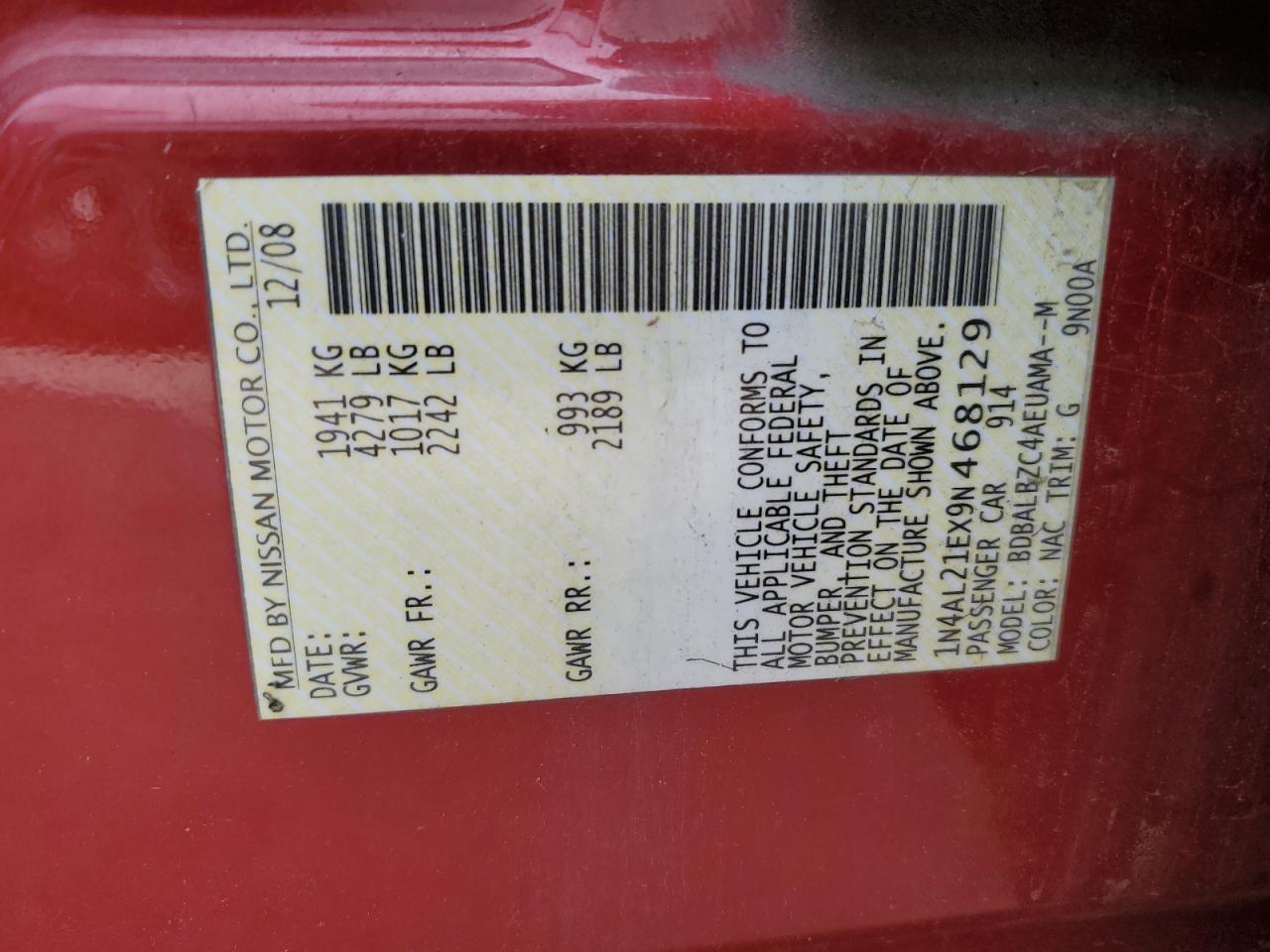 2009 Nissan Altima 2.5 VIN: 1N4AL21EX9N468129 Lot: 86311165