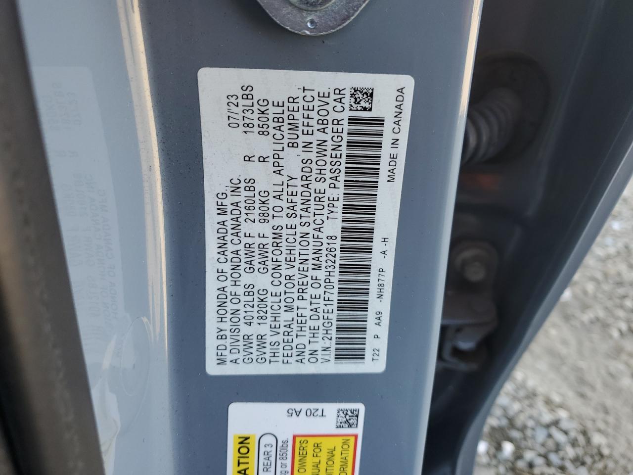 2023 Honda Civic Ex VIN: 2HGFE1F70PH322618 Lot: 85724725