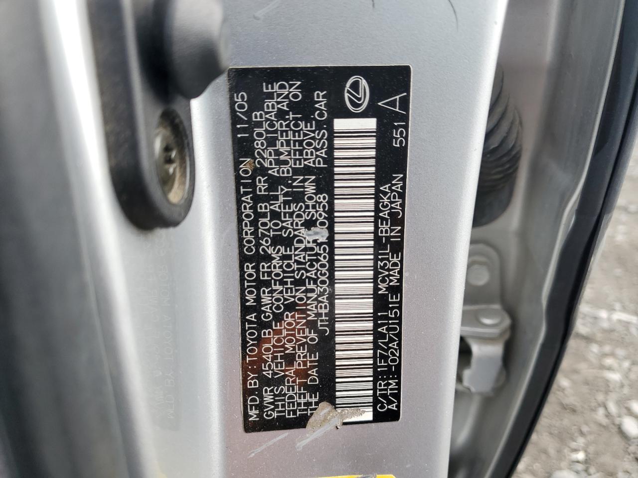 2006 Lexus Es 330 VIN: JTHBA30G065160958 Lot: 84640055