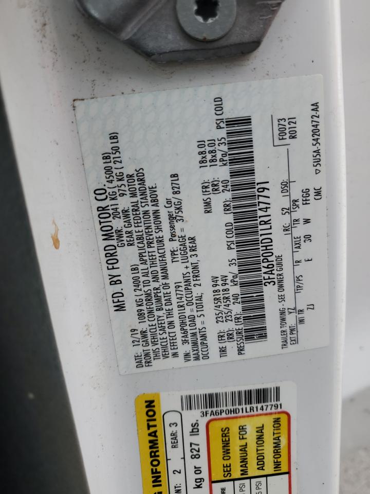 2020 Ford Fusion Se VIN: 3FA6P0HD1LR147791 Lot: 85669055