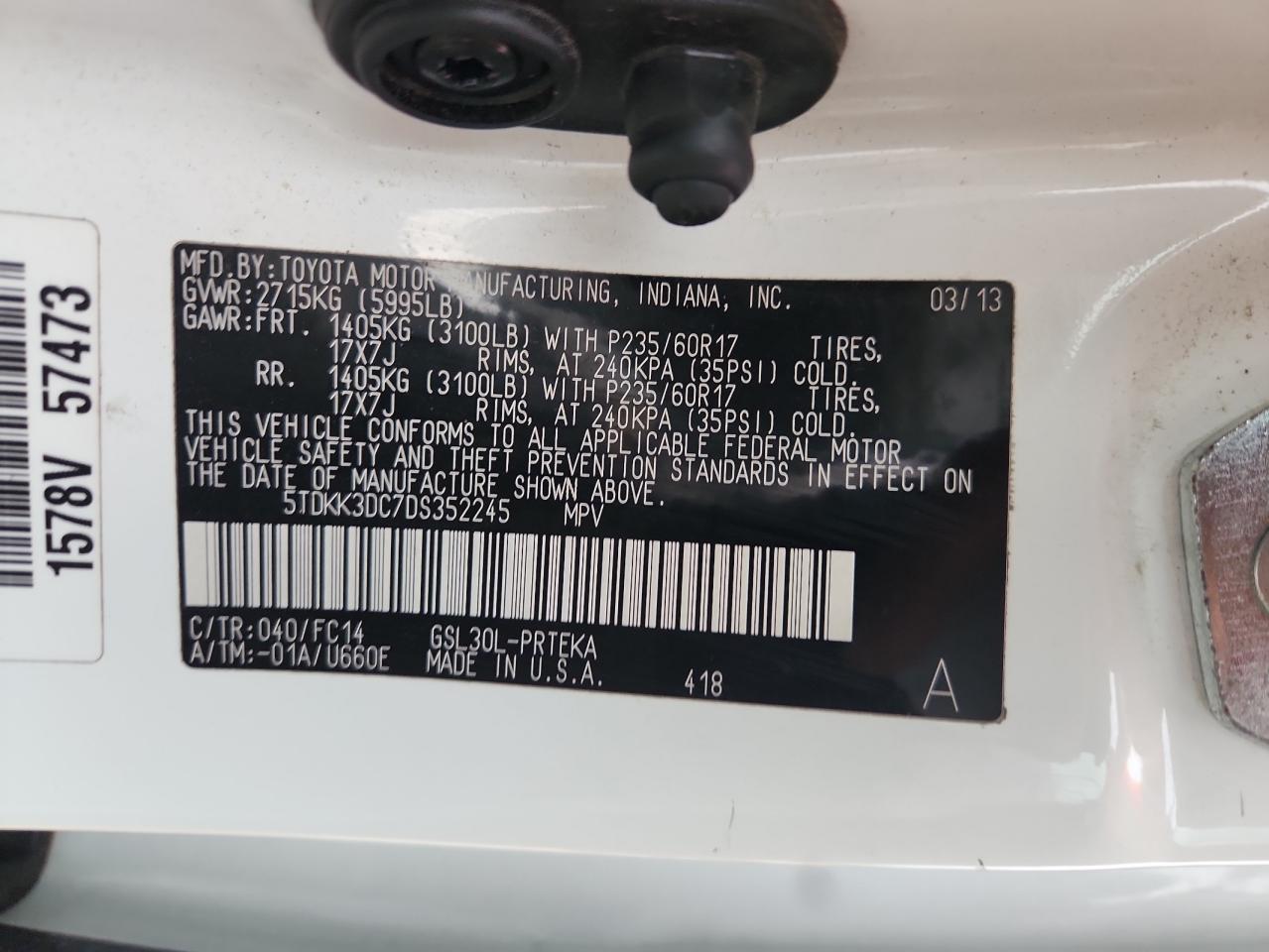 2013 Toyota Sienna Le VIN: 5TDKK3DC7DS352245 Lot: 82696675