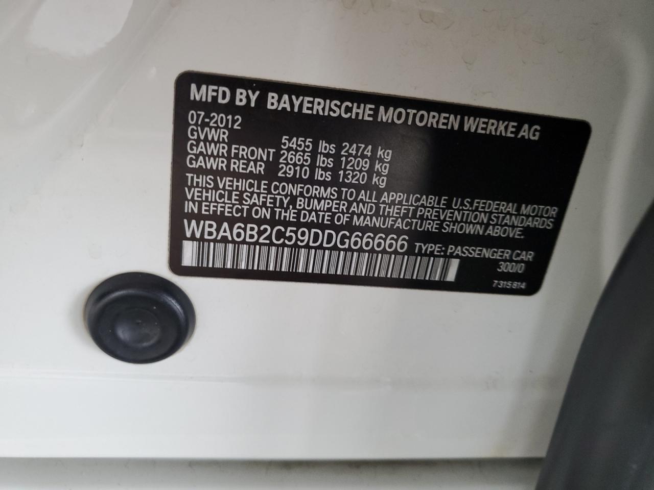 2013 BMW 650 I VIN: WBA6B2C59DDG66666 Lot: 80062695