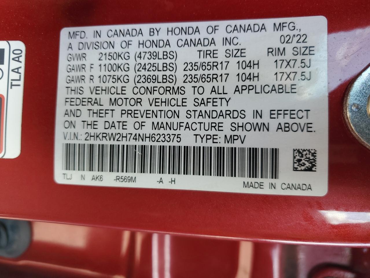 2022 Honda Cr-V Se VIN: 2HKRW2H74NH623375 Lot: 86617745