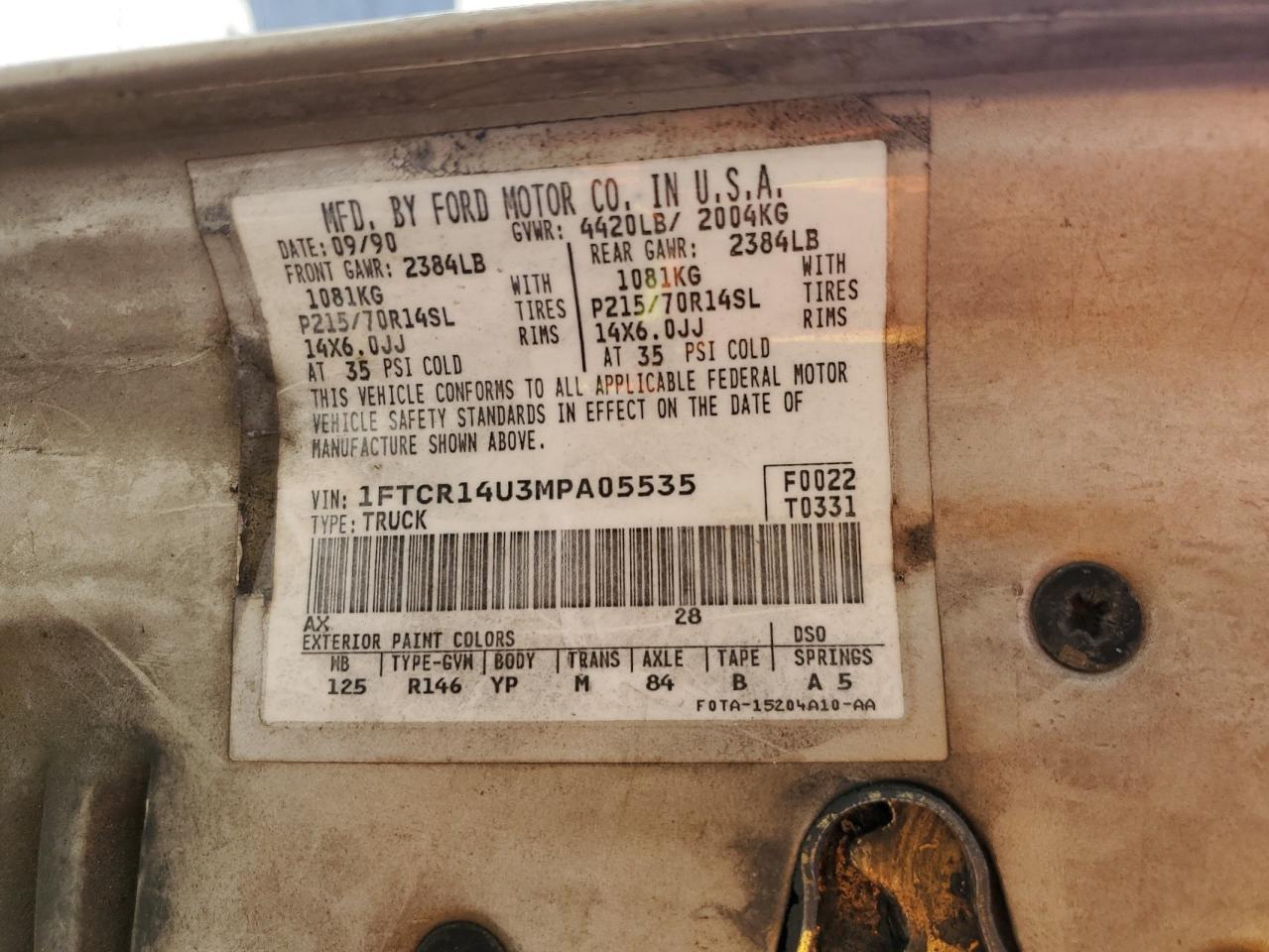 1991 Ford Ranger Super Cab VIN: 1FTCR14U3MPA05535 Lot: 89494785