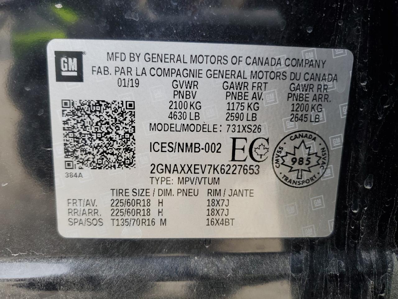 2019 Chevrolet Equinox Premier VIN: 2GNAXXEV7K6227653 Lot: 85875635