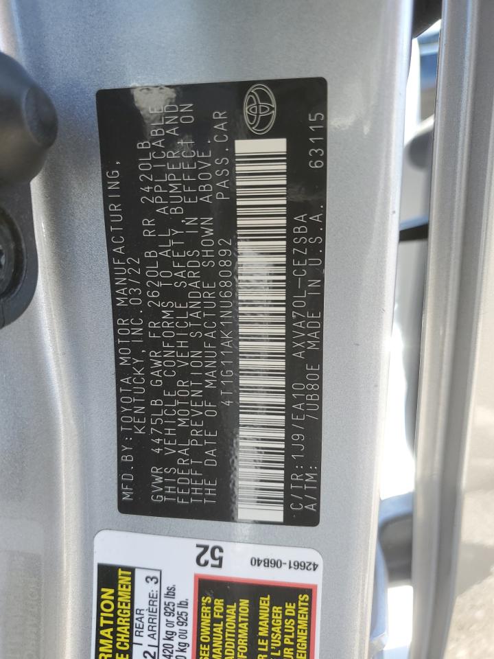 2022 Toyota Camry Se VIN: 4T1G11AK1NU680892 Lot: 84971915