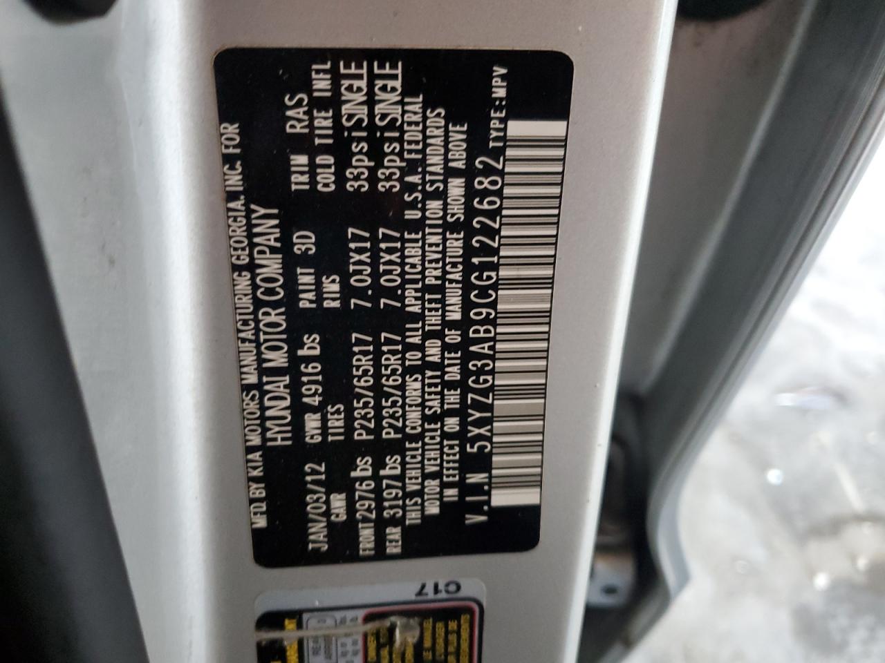 2012 Hyundai Santa Fe Gls VIN: 5XYZG3AB9CG122682 Lot: 82718055