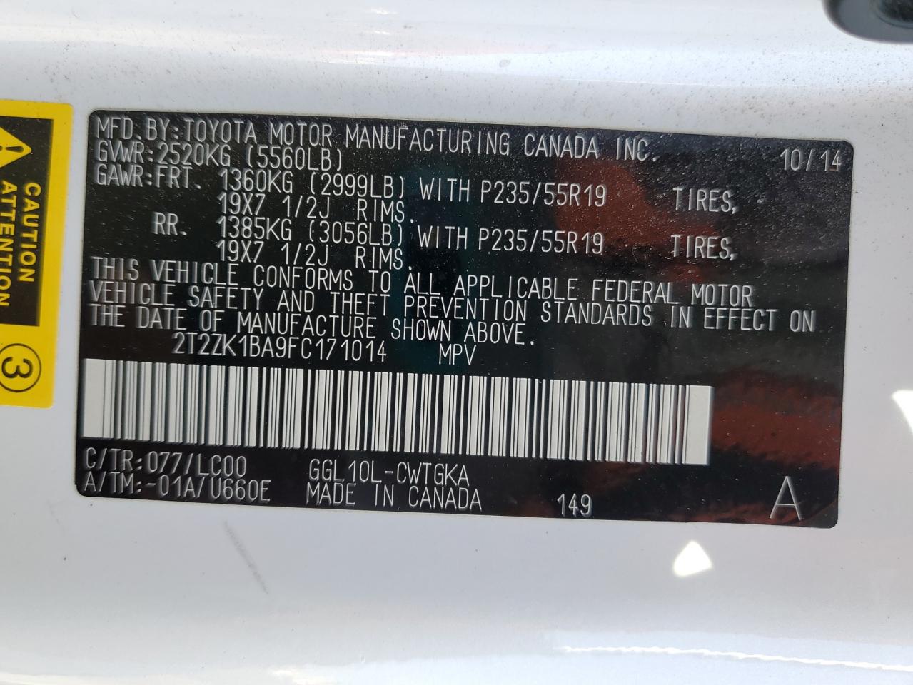 2015 Lexus Rx 350 VIN: 2T2ZK1BA9FC171014 Lot: 89500395