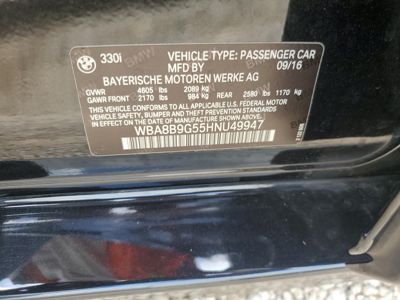 2017 BMW 330 I VIN: WBA8B9G55HNU49947 Lot: 82296465