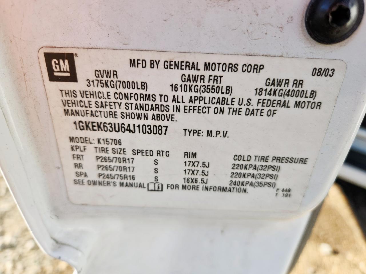 2004 GMC Yukon VIN: 1GKEK63U64J103087 Lot: 90268335