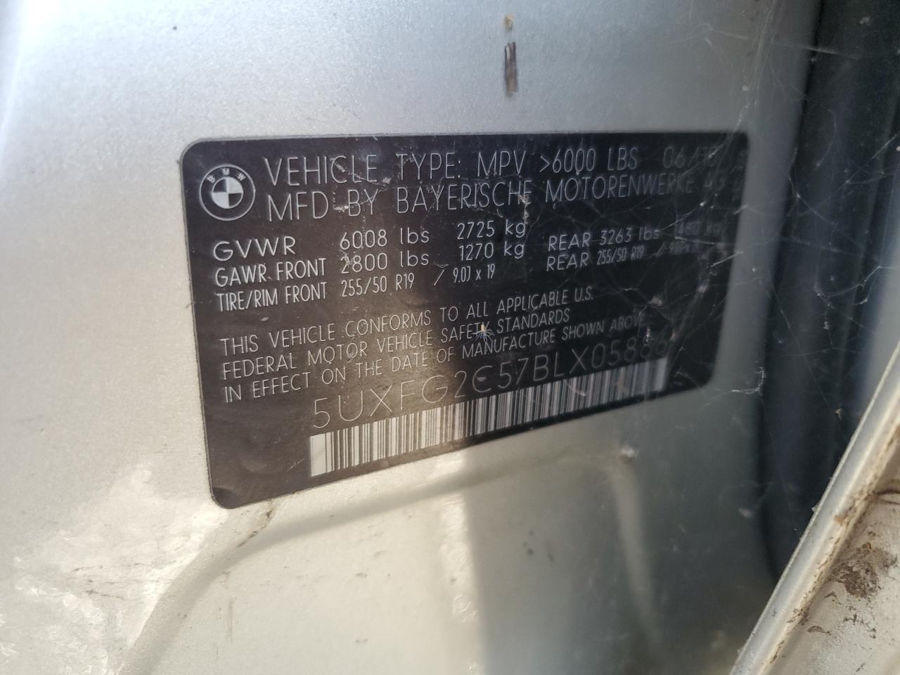 2011 BMW X6 xDrive35I VIN: 5UXFG2C57BLX05886 Lot: 86810675