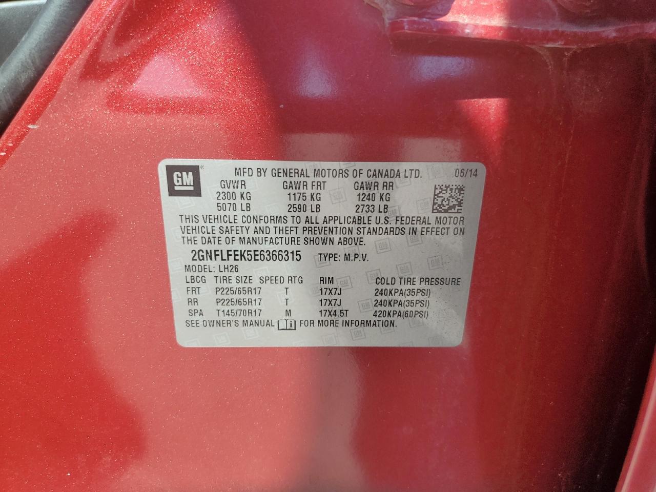 2014 Chevrolet Equinox Lt VIN: 2GNFLFEK5E6366315 Lot: 81958275