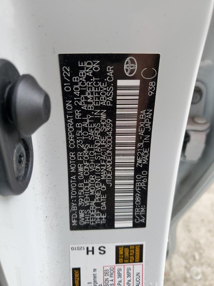 2022 Toyota Corolla Le VIN: JTDEAMDE0N3004359 Lot: 82209425