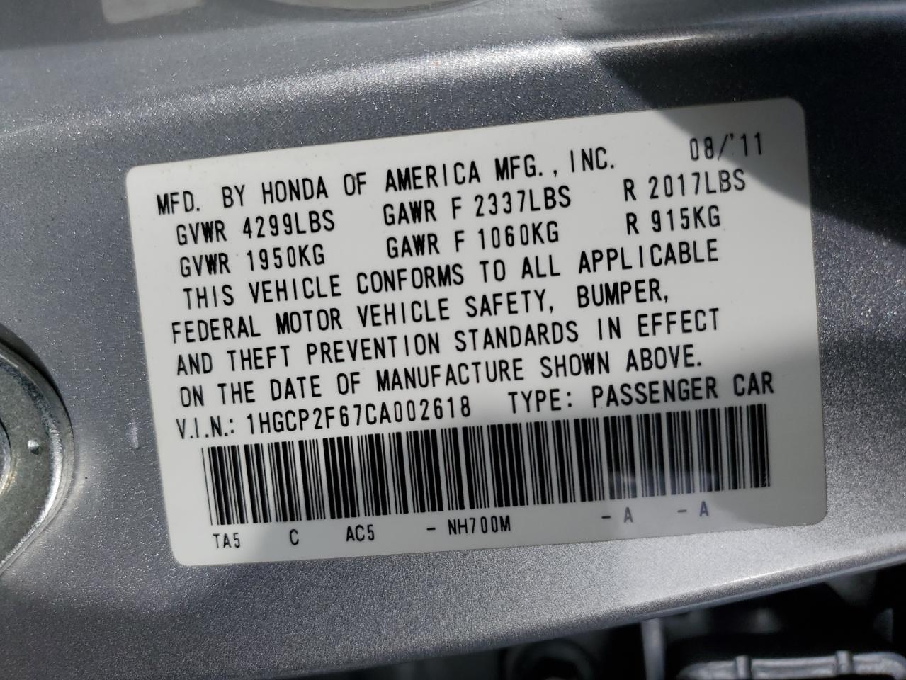 2012 Honda Accord Se VIN: 1HGCP2F67CA002618 Lot: 85332115