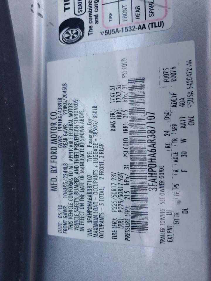 2010 Ford Fusion Se VIN: 3FAHP0HA6AR387107 Lot: 84600035