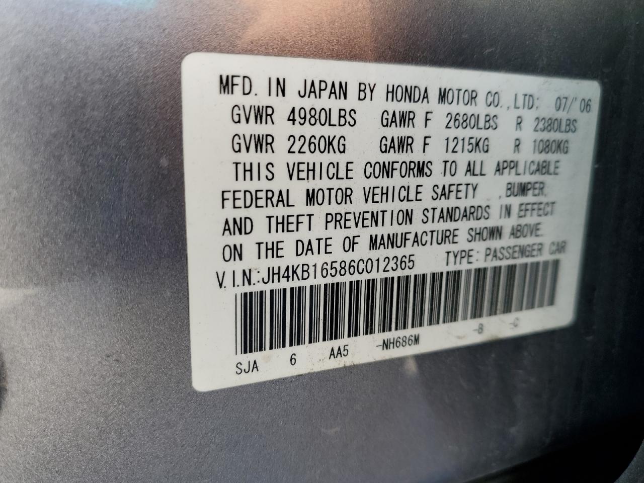 2006 Acura Rl VIN: JH4KB16586C012365 Lot: 82554155