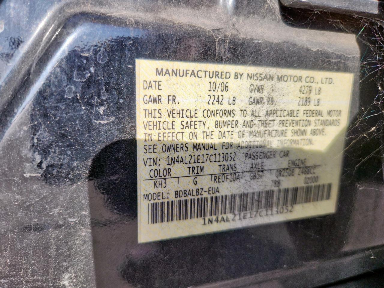 2007 Nissan Altima 2.5 VIN: 1N4AL21E17C113052 Lot: 82249125