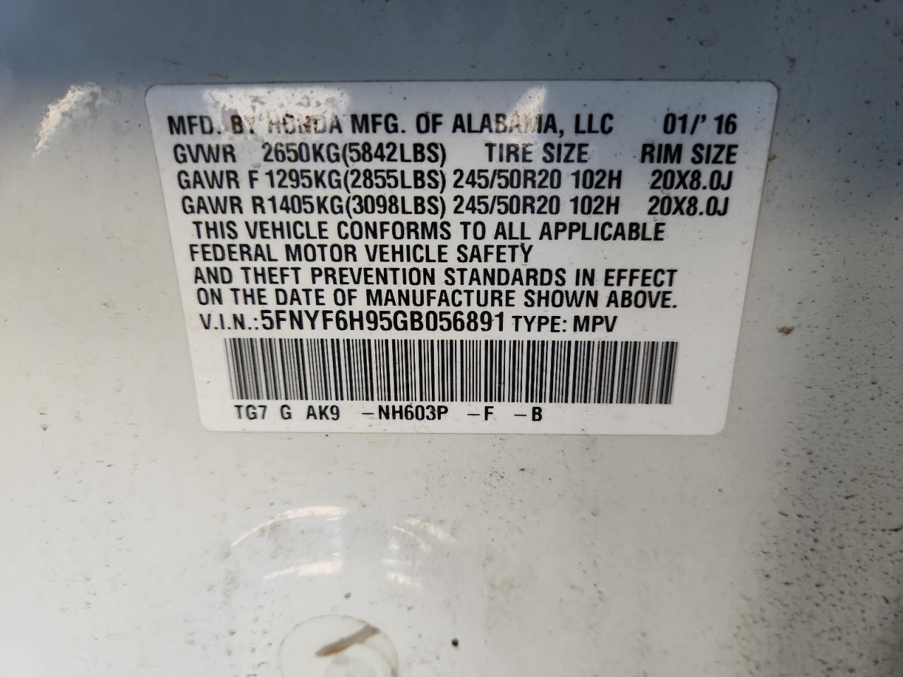 2016 Honda Pilot Touring VIN: 5FNYF6H95GB056891 Lot: 87291495