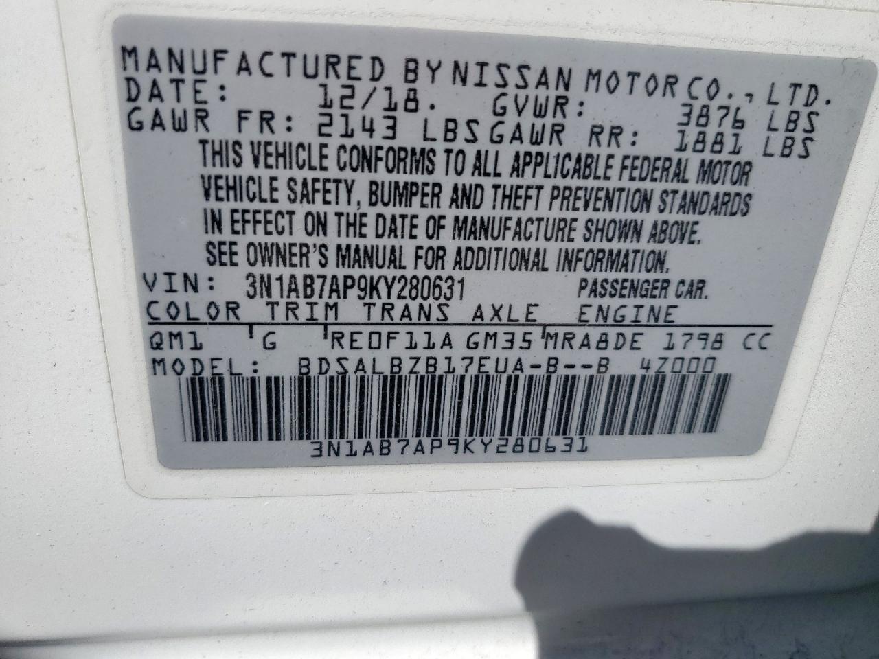 2019 Nissan Sentra S VIN: 3N1AB7AP9KY280631 Lot: 82239705