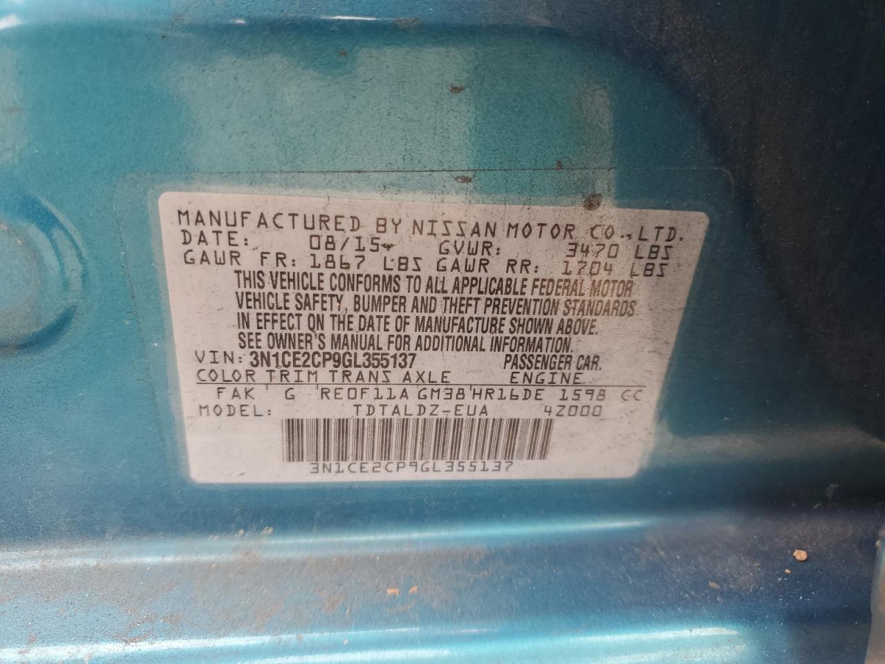 2016 Nissan Versa Note S VIN: 3N1CE2CP9GL355137 Lot: 82311995