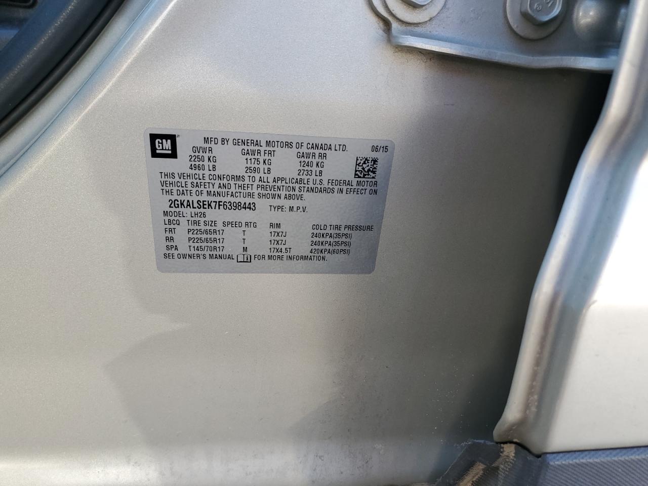 2015 GMC Terrain Slt VIN: 2GKALSEK7F6398443 Lot: 86543275