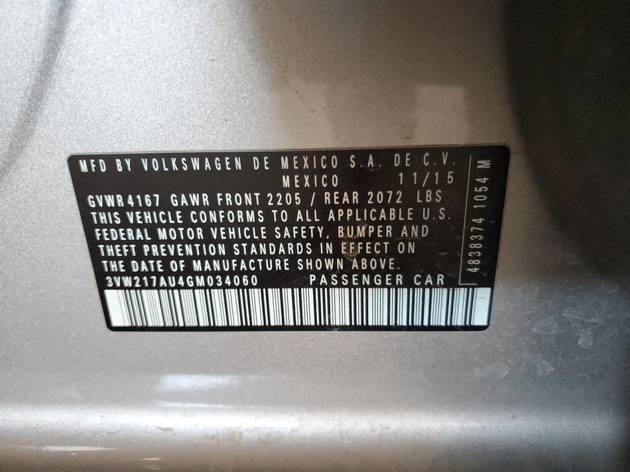 2016 Volkswagen Golf S/Se VIN: 3VW217AU4GM034060 Lot: 84979965