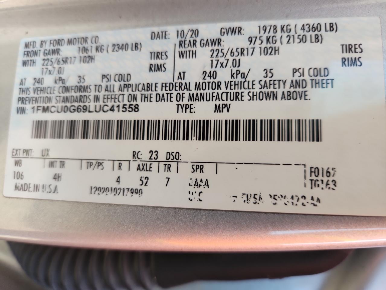 2020 Ford Escape Se VIN: 1FMCU0G69LUC41558 Lot: 82376745