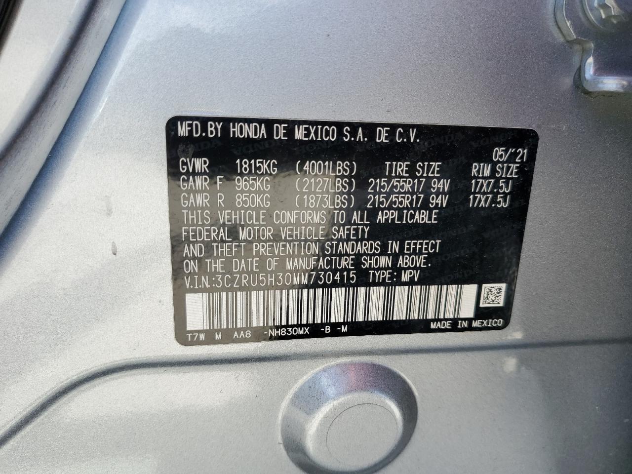 2021 Honda Hr-V Lx VIN: 3CZRU5H30MM730415 Lot: 84898505