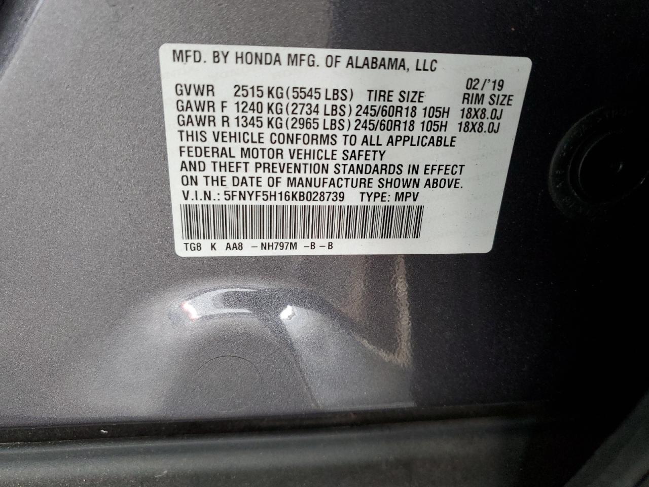 2019 Honda Pilot Lx VIN: 5FNYF5H16KB028739 Lot: 82199485